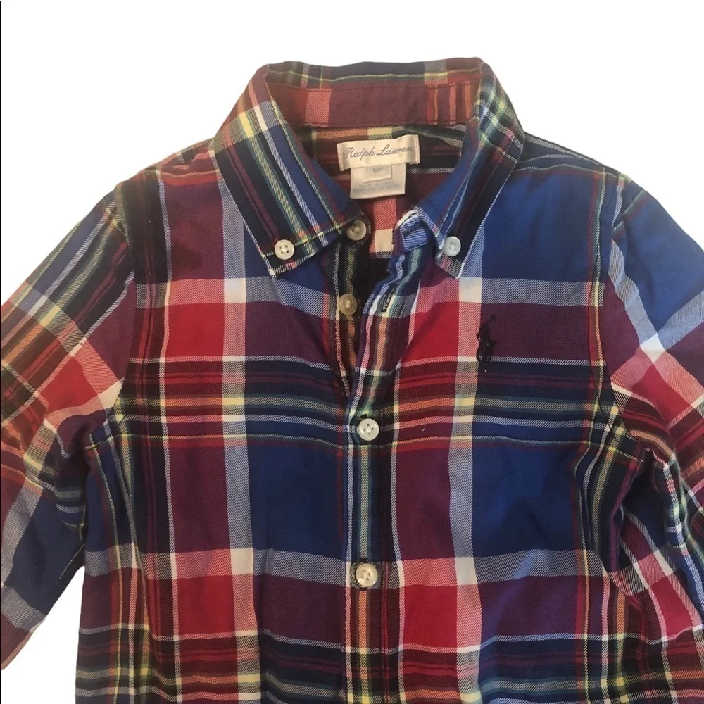 Ralph Lauren blue & red plaid 100% cotton baby onesie with long sleeves